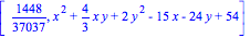[1448/37037, x^2+4/3*x*y+2*y^2-15*x-24*y+54]